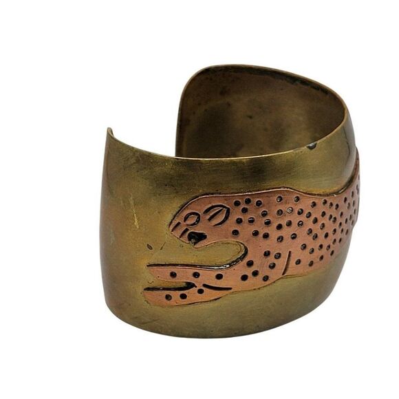 Vintage Jaguar Modernist Celia Andrea Harms Copper & Brass Cuff Bracelet Cougar